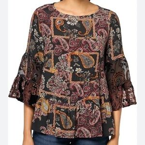 John Mark Size Paisley Print Tiered Blouse 3/4 Bell Sleeve Sleeve Top